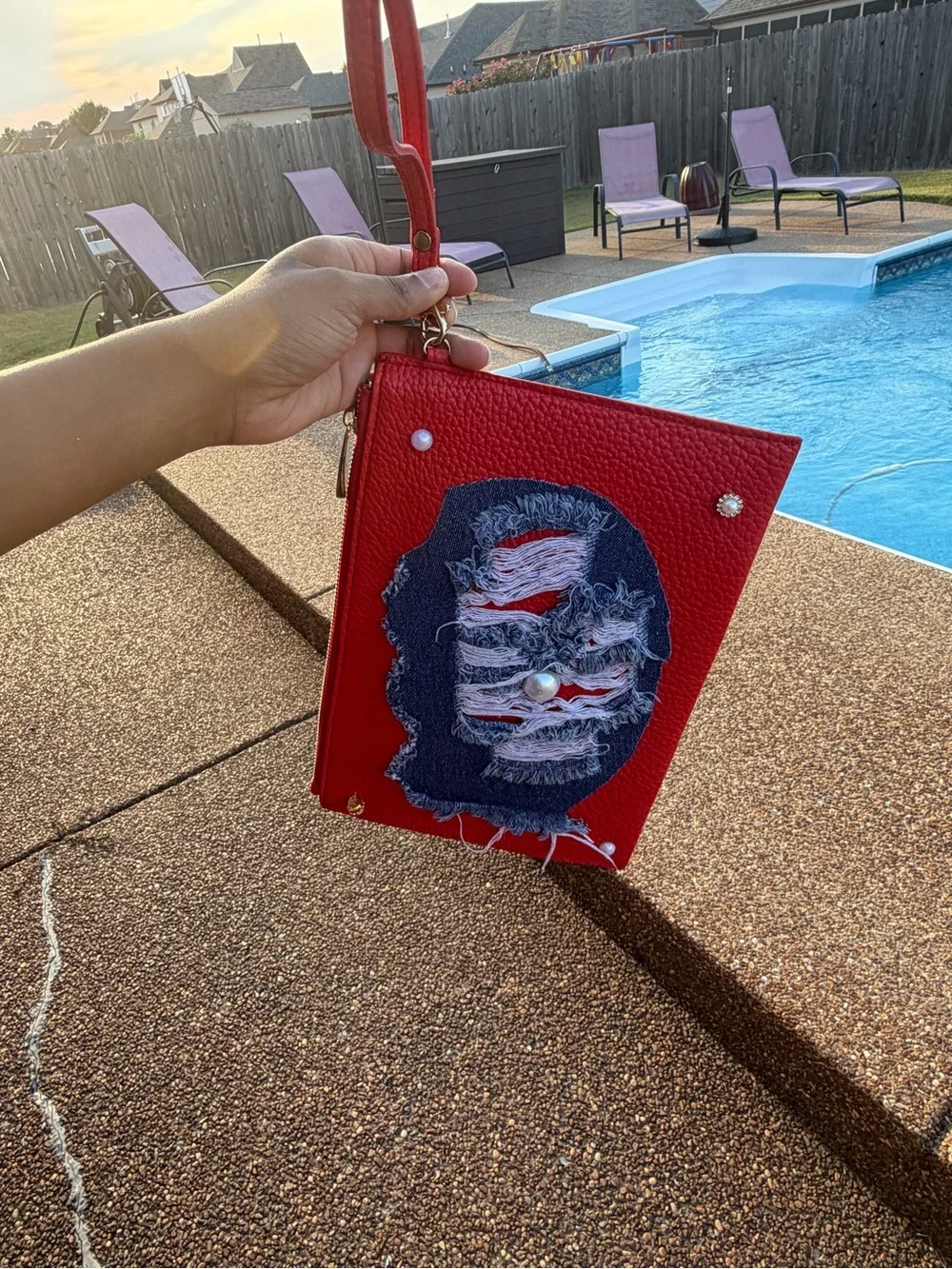 Red Pearl & Denim Patch Wristlet Clutch